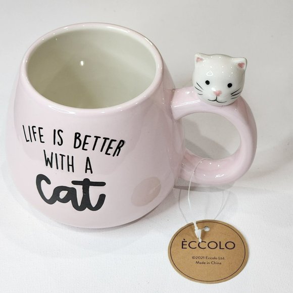 Set Of 2 Kitten Figurine Pink Ceramic Coffee Mug 16Oz Life Is Better With a‎ Cat - Picture 3 of 16